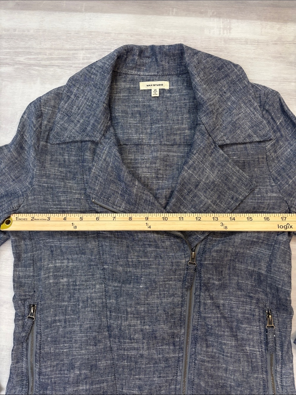Max Studio Navy Linen Blend Asymmetrical Zip Jacket Size X Small - Picture 5 of 7